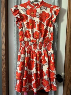 THML Red Floral Smocked Waist Mini Dress